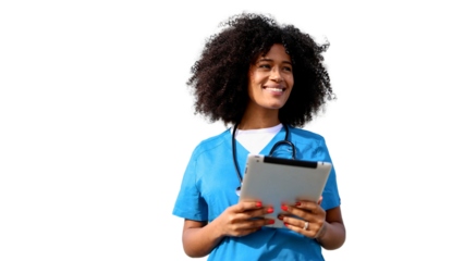 Smiling nurse holding tablet and looking up on transparent background