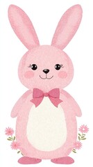 Obraz premium Easter Holiday, Easter Concept, Adorable Pink Bunny Rabbit Illustration Cute Cartoon Animal with Bow Spring Flowers