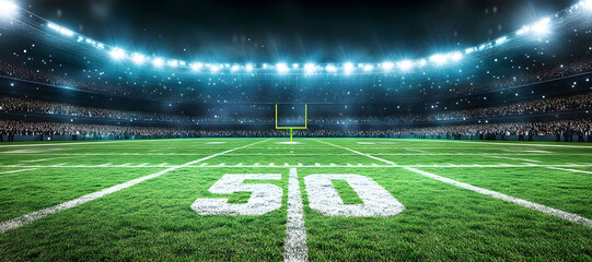 American Football Stadium with Ball on Field Under Stadium Lights . american football stadium background image. Sports Arena with American Football on Grass Field.