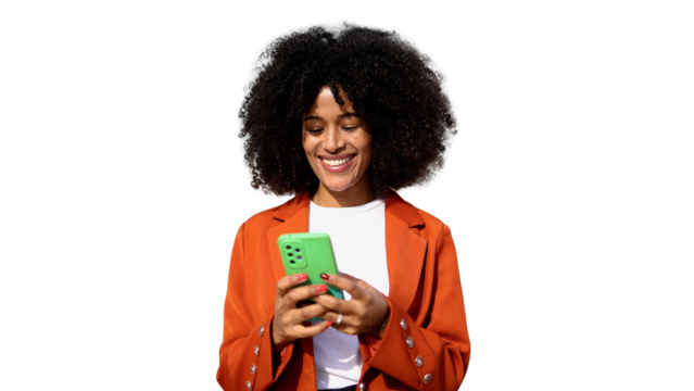 Smiling afro businesswoman using smartphone with transparent background