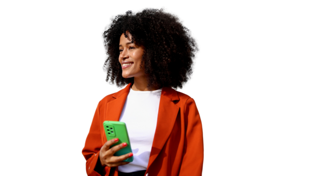 Smiling afro businesswoman holding smartphone looking away on transparent background