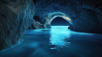 Serene ocean waves surround a coastal arch, glowing light trails curve symmetrically, deep blue hour tones add mystery