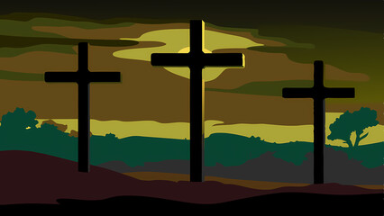 Three crosses on Golgotha, silhouetted against the sky, representing sacrifice vector-style image