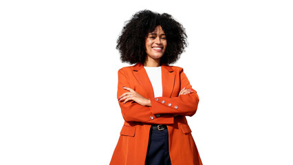Smiling businesswoman crossing arms on transparent background