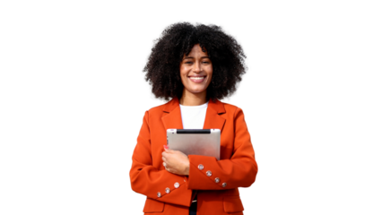 Smiling afro businesswoman holding tablet on transparent background