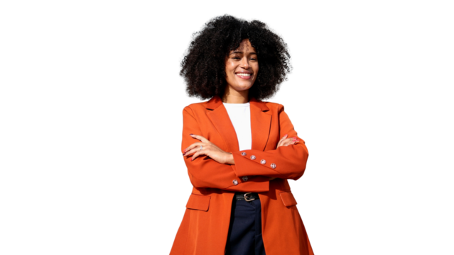 Smiling businesswoman crossing arms on transparent background
