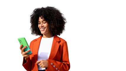 Smiling businesswoman using smartphone with transparent background