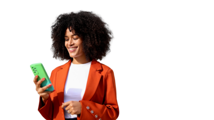 Smiling businesswoman using smartphone with transparent background