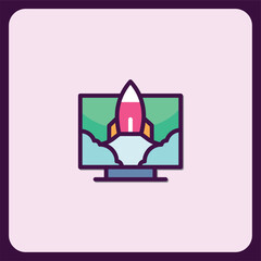 Colorful Rocket Launching from a Computer Screen Icon