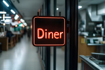 Illuminated "Diner" sign glowing in the dark, inviting guests for a delicious meal in a cozy ambiance. The vintage charm adds to the experience.