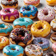 Donuts collection showcasing four assorted flavors with vibrant colorful icing 