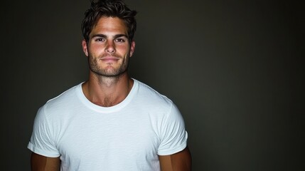 Obraz premium Studio portrait of a man in a white t-shirt against a dark background