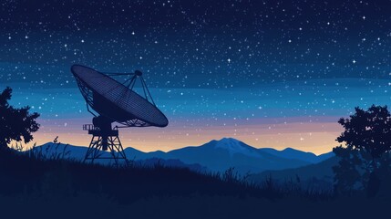 Radio Telescope Silhouetted Against Night Sky Stars and Mountain Landscape