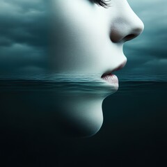 A surreal image featuring a woman's face merging with water, creating an ethereal effect, Ideal for themes of introspection, emotional depth, or exploring the subconscious in artistic projects,