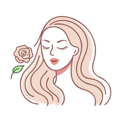Woman with long hair and red lips holding a rose