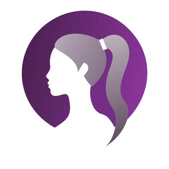 Silhouette of a woman with ponytail in purple circle