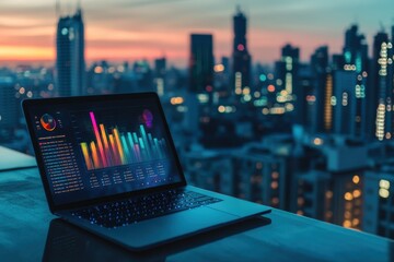 Fototapeta premium Premium Business Laptop Displaying Colorful Bar Graph Against Panoramic City Skyline View from High Rise Office at Sunset
