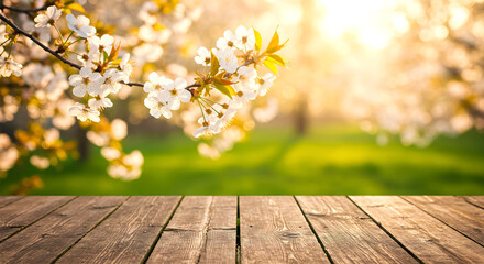Spring Garden with Cherry Blossoms, Rustic Wooden Planks, Sunlight, and Soft Bokeh Background
