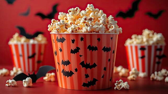 A spine chilling movie night with pals! This side view of a table and wall adorned with Halloween themed bats and popcorn boxes awaits on a red wall background, perfect for your horror movie premiere.