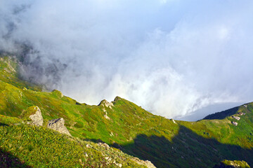 mountain evening landscape with green grass and gray clouds