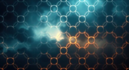 Interconnected glowing circles pattern abstract with cool blue, orange lighting and blurred effect.