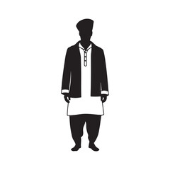 Black and white illustration, Sikh man, traditional attire, sherwani, turban