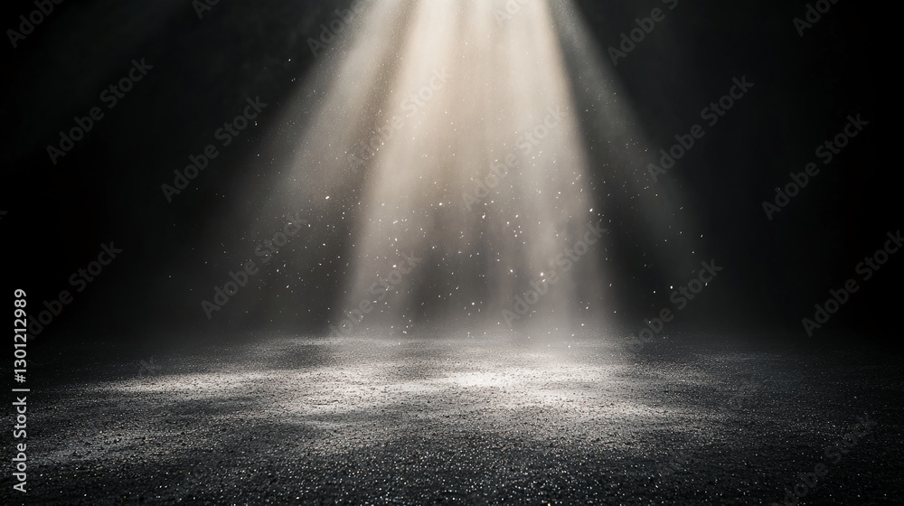 Poster A beam of light shining through the dark, creating a mystical atmosphere with floating particles in the air, symbolizing hope, inspiration, and divine presence.