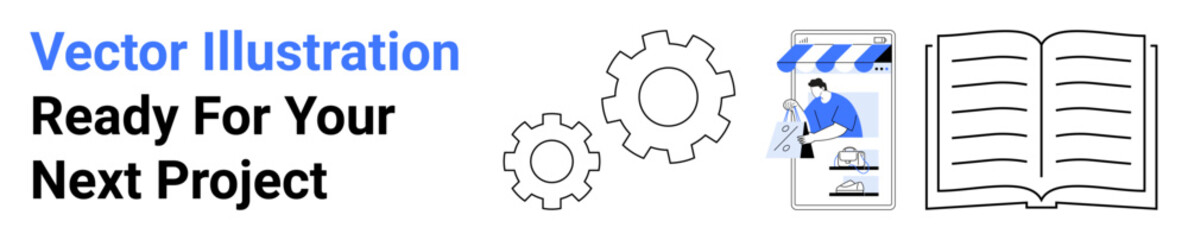 Gears, detailed project blueprint, and open book illustrating collaboration, engineering, planning, innovation. Ideal for technology, design, business workflow education mechanics creativity flat
