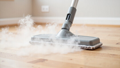 Steam mop cleaning laminate floor with subtle mist, enhanced cleanliness