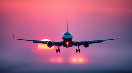 Airplane landing at sunset. The vibrant colors of the sky create a beautiful backdrop for the aircraft.