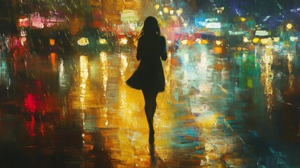 lonely woman walking in the rain, city lights reflecting on wet pavement, soft melancholic expression