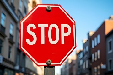 Stop sign on blurred city background. Warning sign and traffic sign