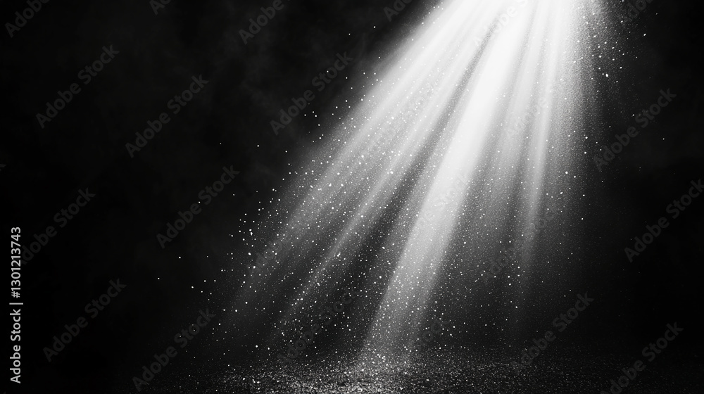 Poster A beam of light shines through the dark, creating a mystical atmosphere with floating dust particles, symbolizing hope, focus, and divine clarity in a shadowy environment.