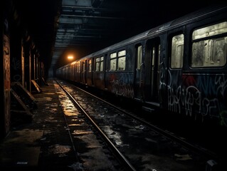 Naklejka premium Abandoned subway train in a dark underground station with graffiti 