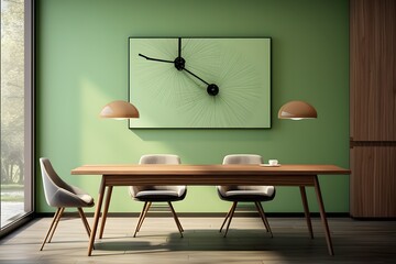 Modern dining room with table. dining room with light green walls. 