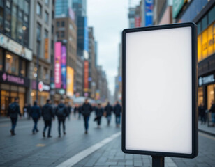 Fototapeta premium Large blank advertising billboard standing on a busy city sidewalk with blurred pedestrians, ready for commercial branding and promotional content.