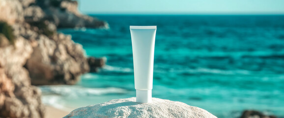 Close-up of a white cosmetic tube placed on a rock near the beach, with ocean waves in the background, symbolizing freshness, skincare, and beach vacation vibes.