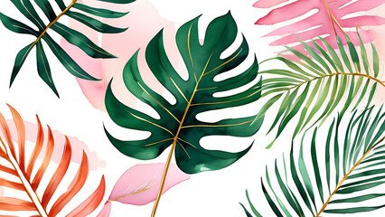 Watercolor Tropical Leaves Illustration with Monstera and Palm Leaf Design