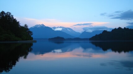 Tranquil Lake Reflection at Dusk with Distant Snow-capped Mountain View