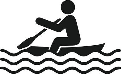 Simple black and white silhouette illustration of a person rowing a small boat on water.