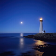 Obraz premium A lighthouse standing tall on a rocky shore casting a warm glow under the moon ar 16:9 v 6.1 q 2