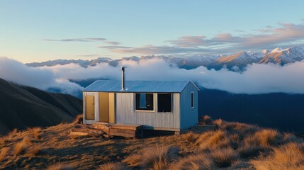 Naklejka premium Mountain Hut at Dawn Overlooking Cloud-covered Peaks in a Remote Landscape