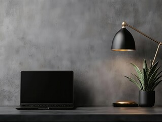 Minimalist workspace with a black laptop, sleek lamp, and concrete walls, work from home, industrialmodern vibe