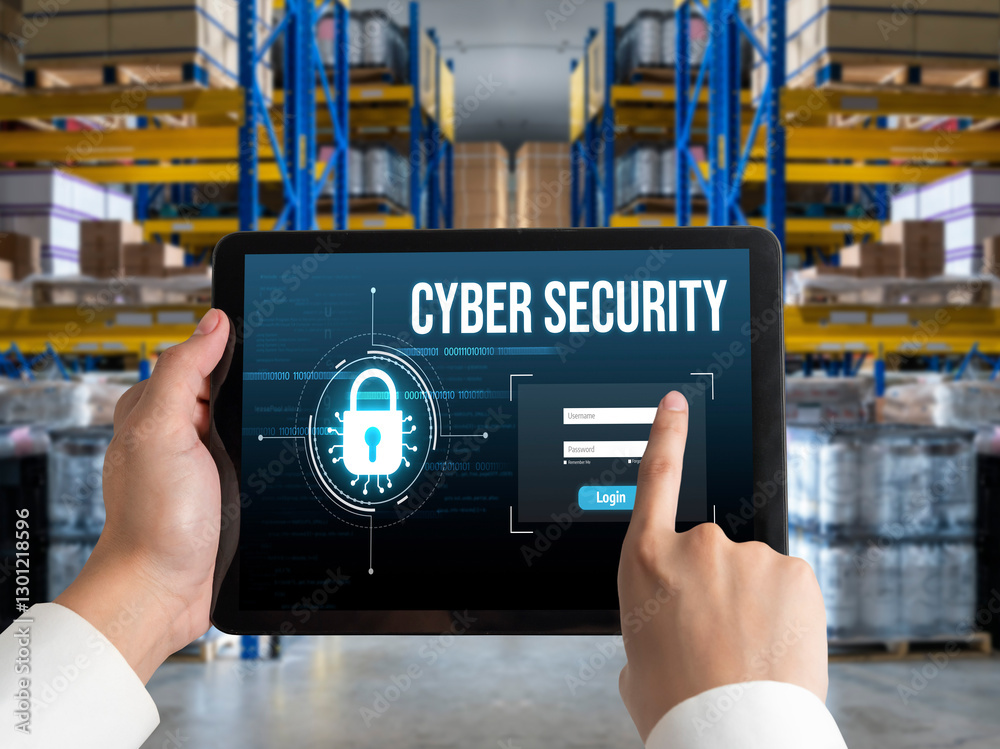Poster cyber security system on computer screen protect private information snugly from hacker and cyber at