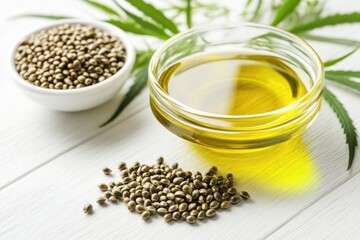 Hemp seeds and oil on white wood