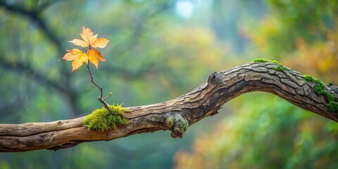 Autumnal Serenity A Single Leaf on a Moss-Covered Branch in a Peaceful Woodland Setting
