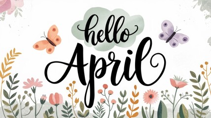 Obraz premium Spring-Themed 'Hello April' Illustration with Floral Decor and Butterflies Generative AI