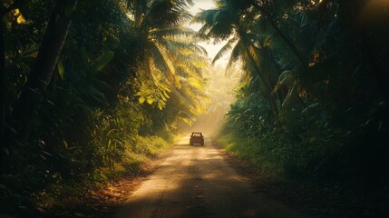 Naklejka premium Car drives down sunny jungle road adventure.
