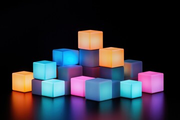 Obraz premium Glowing colorful cubes stacked on dark background.