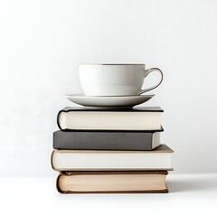 Fototapeta premium Elegant coffee cup on stacked books white background in-house asset furniture minimalist environment